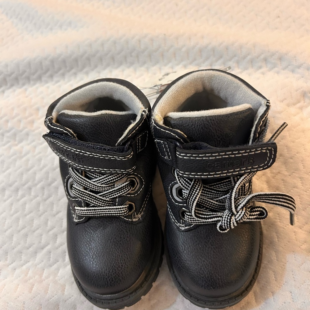 Kids Black Ankle Boots with Lace & Hook-and-Loop Closure